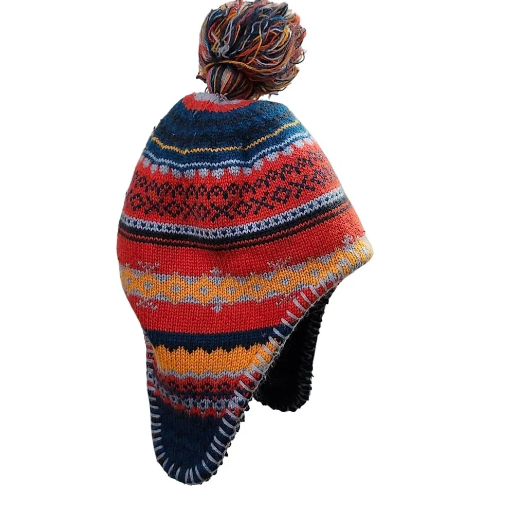 L.L. Bean Nordic Fair Isle Pom Beanie Hat Fleece Lined Ear‎ Flaps Kids S M