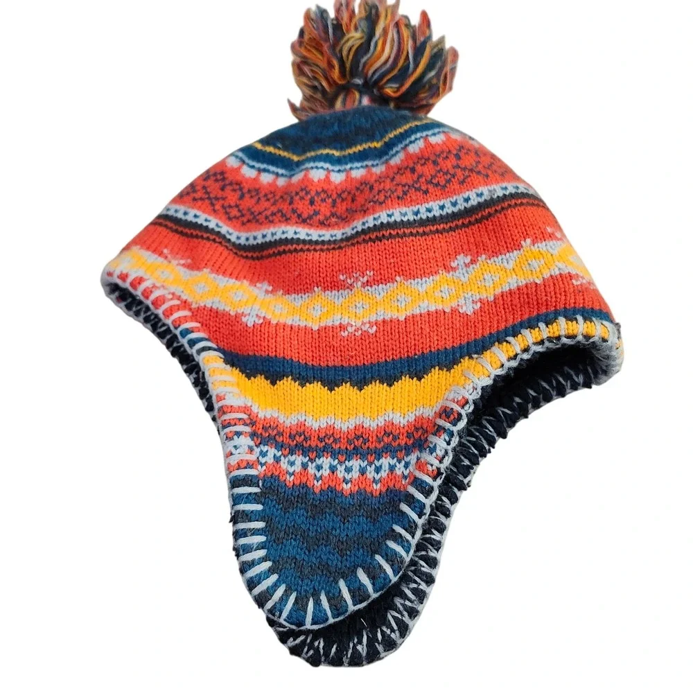 L.L. Bean Nordic Fair Isle Pom Beanie Hat Fleece Lined Ear‎ Flaps Kids S M
