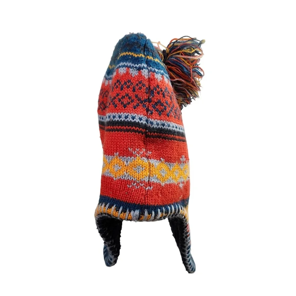 L.L. Bean Nordic Fair Isle Pom Beanie Hat Fleece Lined Ear‎ Flaps Kids S M