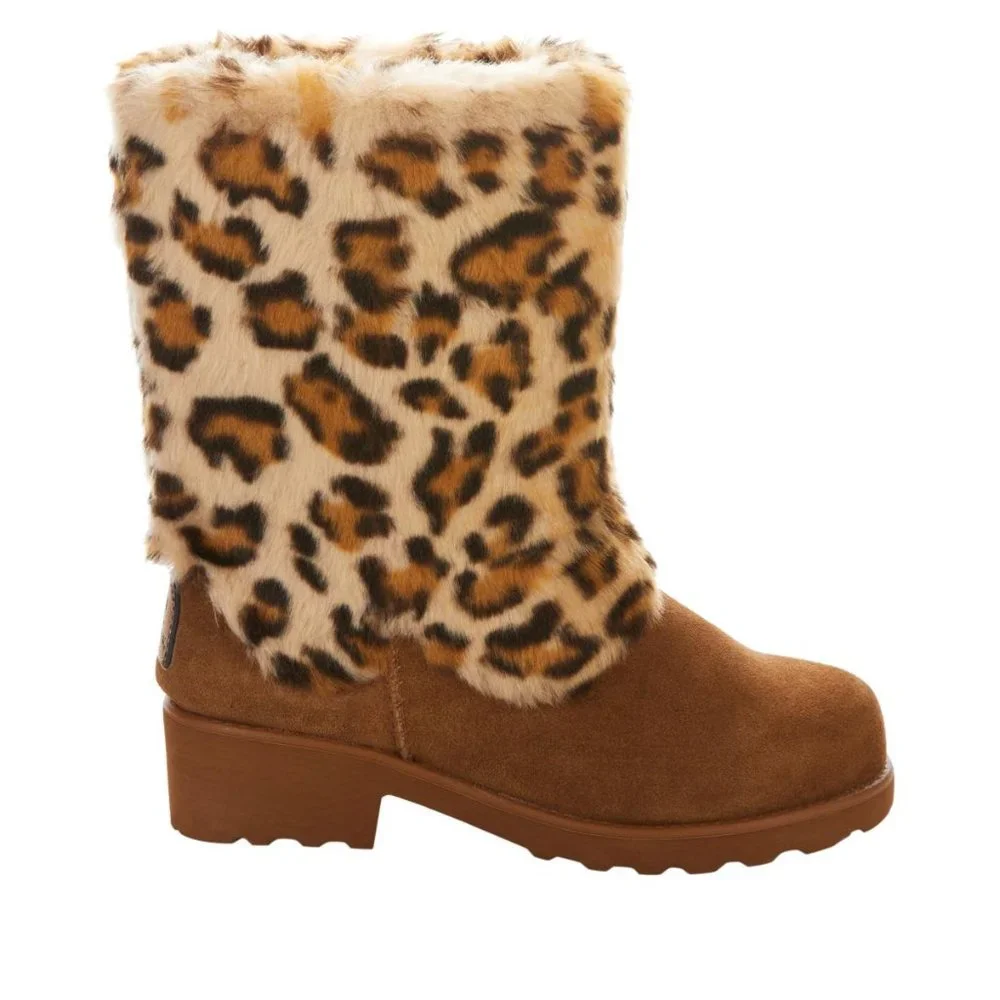 New BEARPAW Regina Suede Water- and Stain-Repellent Boot Faux Fur Leopard Size 7
