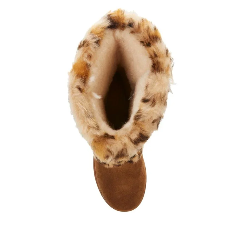 New BEARPAW Regina Suede Water- and Stain-Repellent Boot Faux Fur Leopard Size 7
