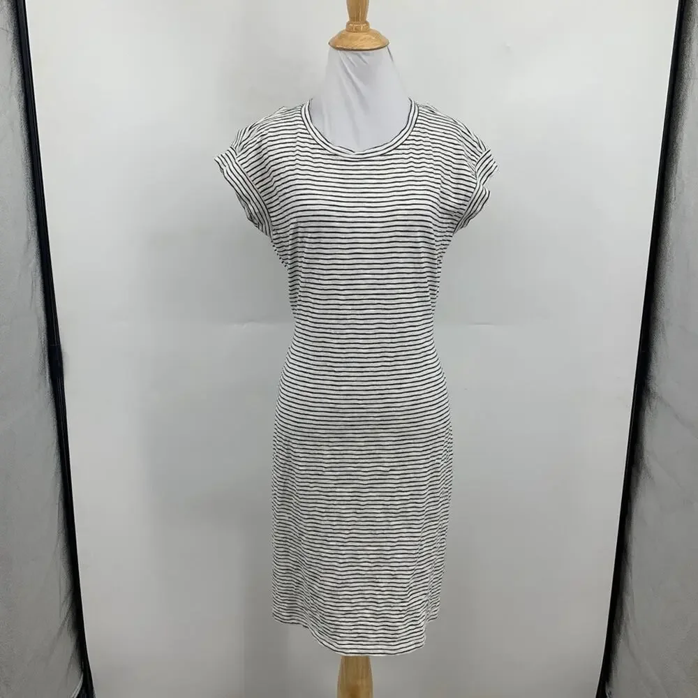 J Crew Dress Womens S Small White Navy Cotton Striped Tie Waist Crew Neck Mini