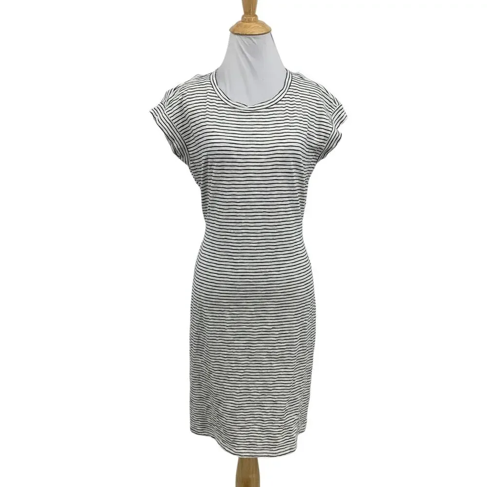 J Crew Dress Womens S Small White Navy Cotton Striped Tie Waist Crew Neck Mini