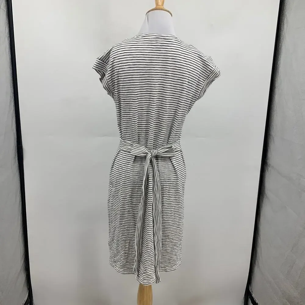 J Crew Dress Womens S Small White Navy Cotton Striped Tie Waist Crew Neck Mini
