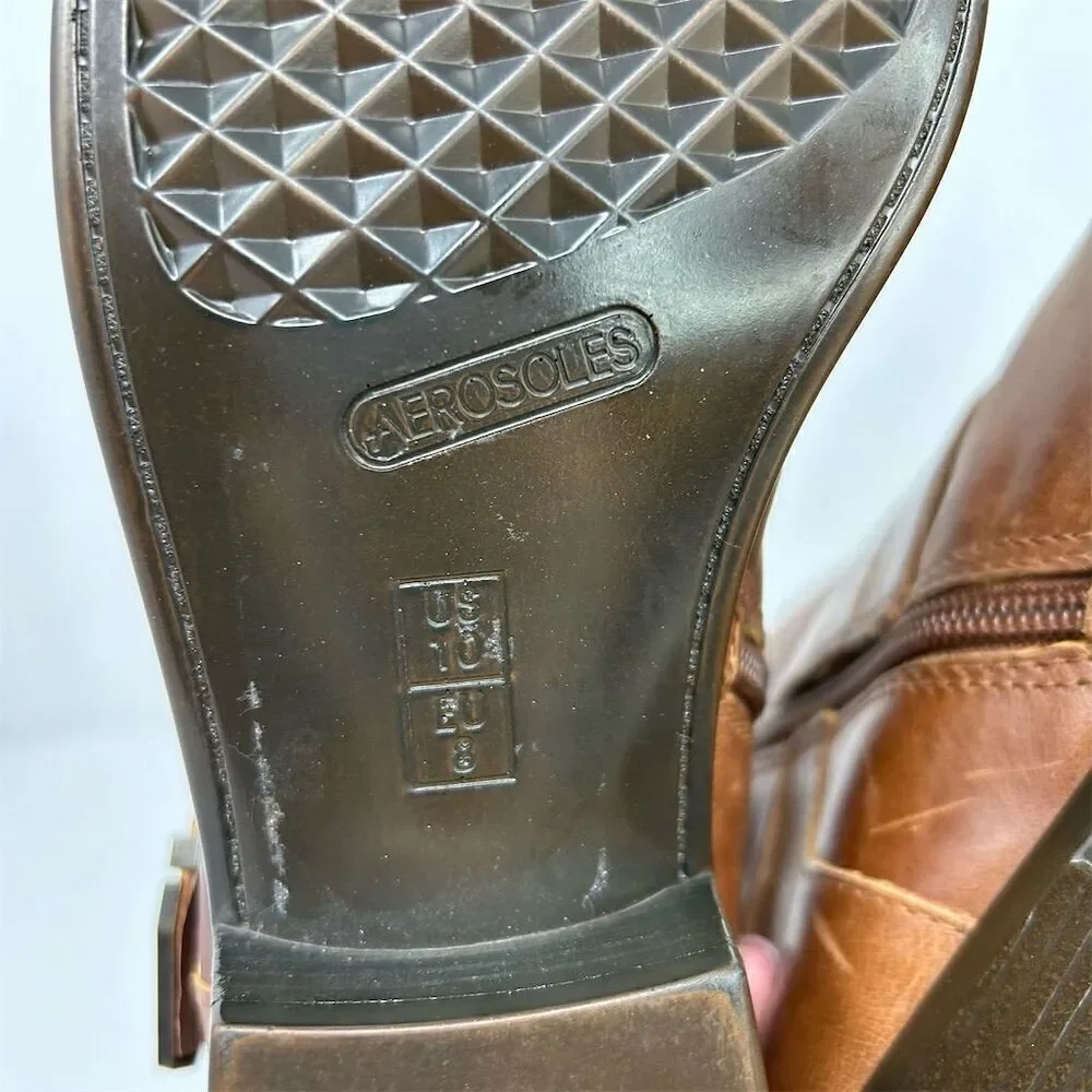 Aerosoles Women's My Time Brown Leather Ankle Boots Size 10 Zip Buckle Mid Heel