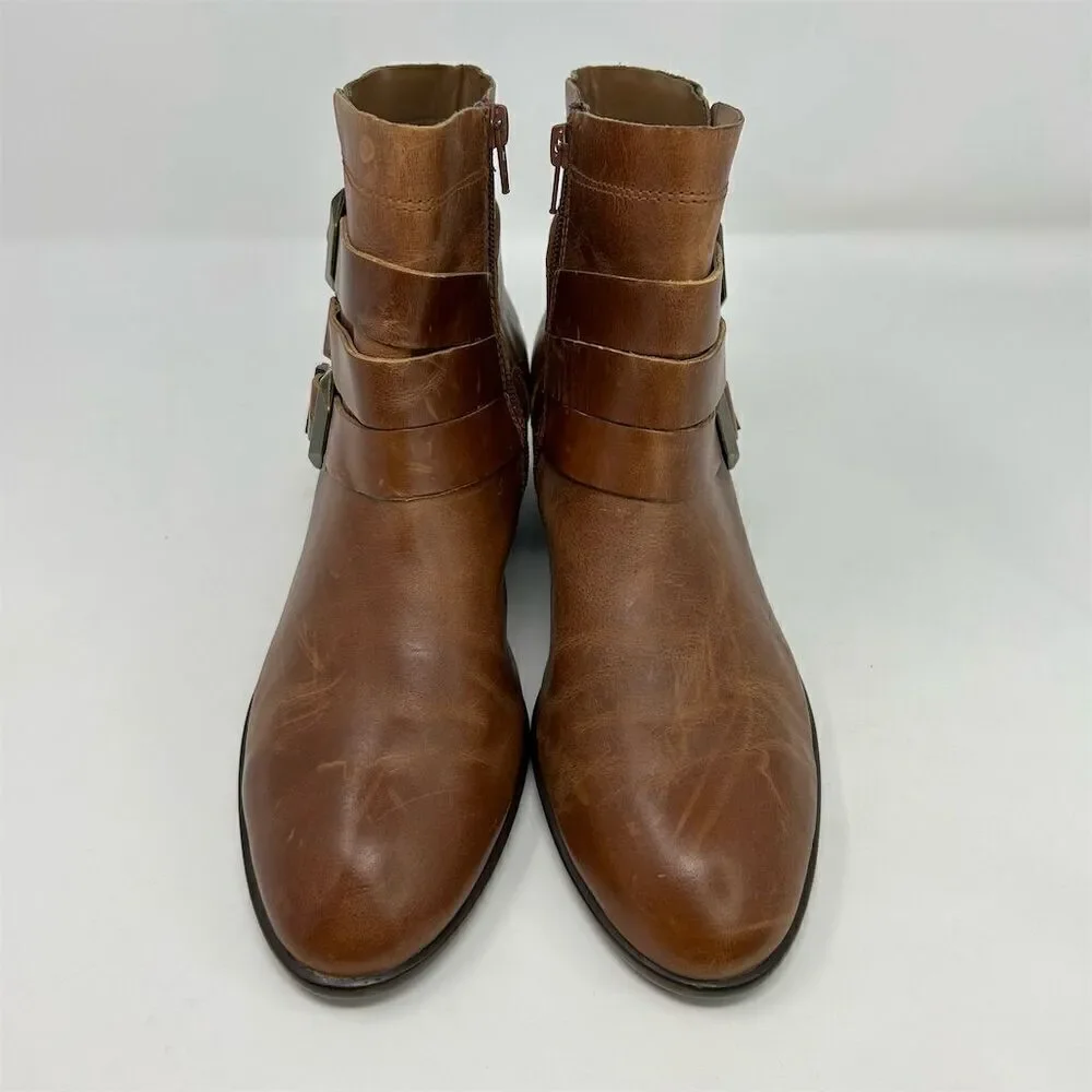 Aerosoles Women's My Time Brown Leather Ankle Boots Size 10 Zip Buckle Mid Heel