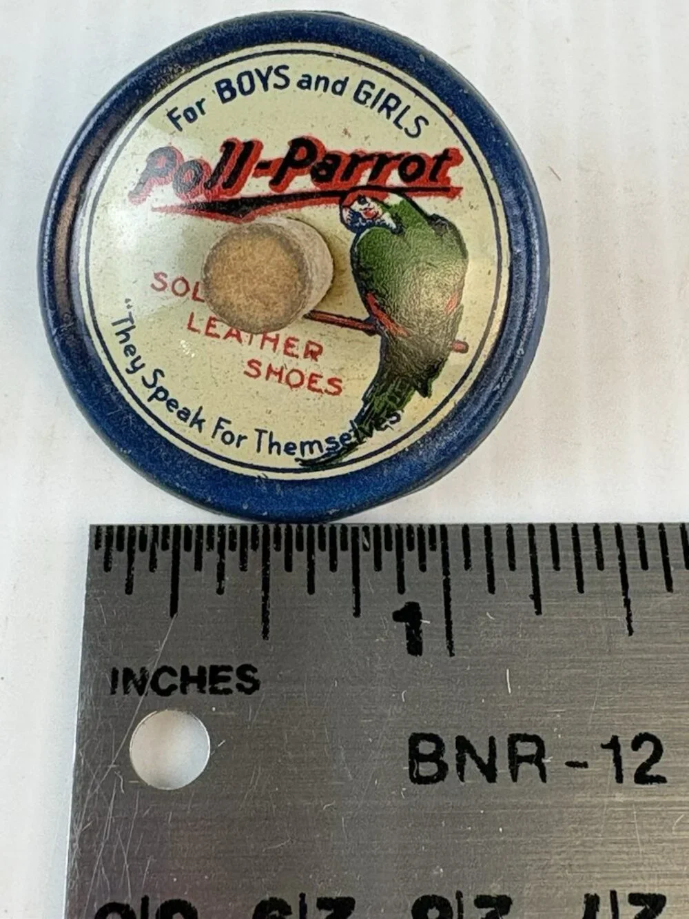 Antique Poll-Parrot Shoes Advertising Tin Spinning Top, 1.25in, UA-51, Vtg