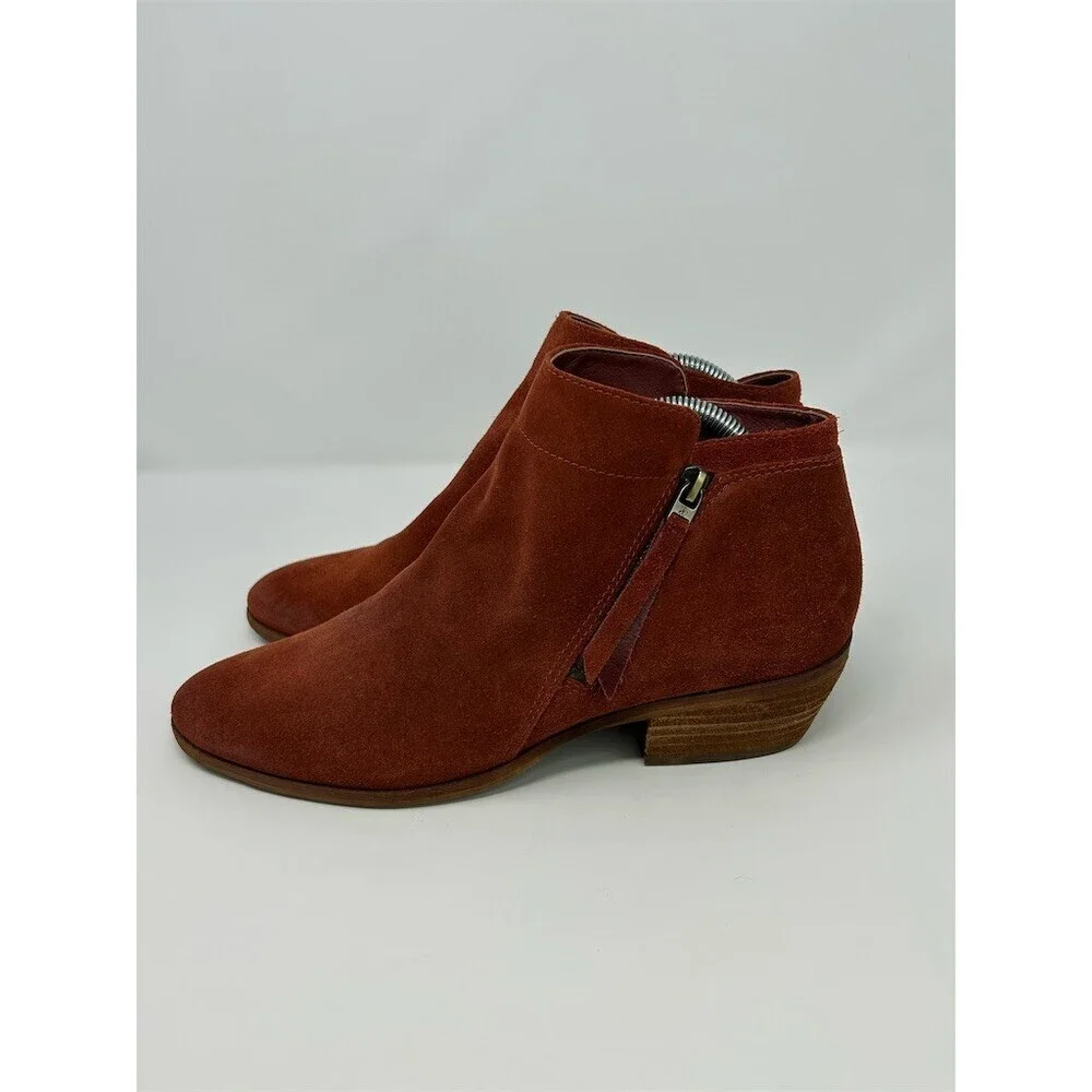 Sam Edelman Womens Ankle Booties Rust Red Side Zip Tassel Block Heel Almond 10