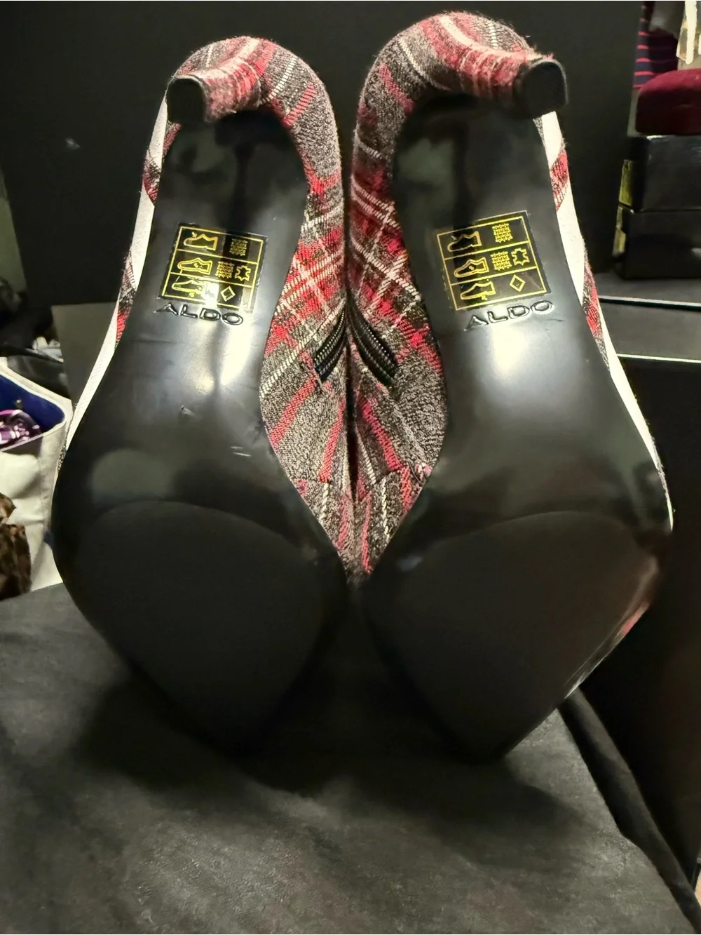 Aldo Red and Gray Plaid Pointed-Toe Ankle Boot with White Brushstroke