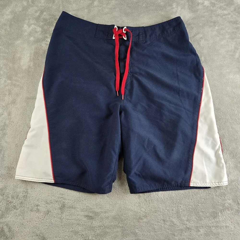 Old Navy Board Shorts Mens Large Navy Blue White Drawstring Swim Surf Heavy Duty