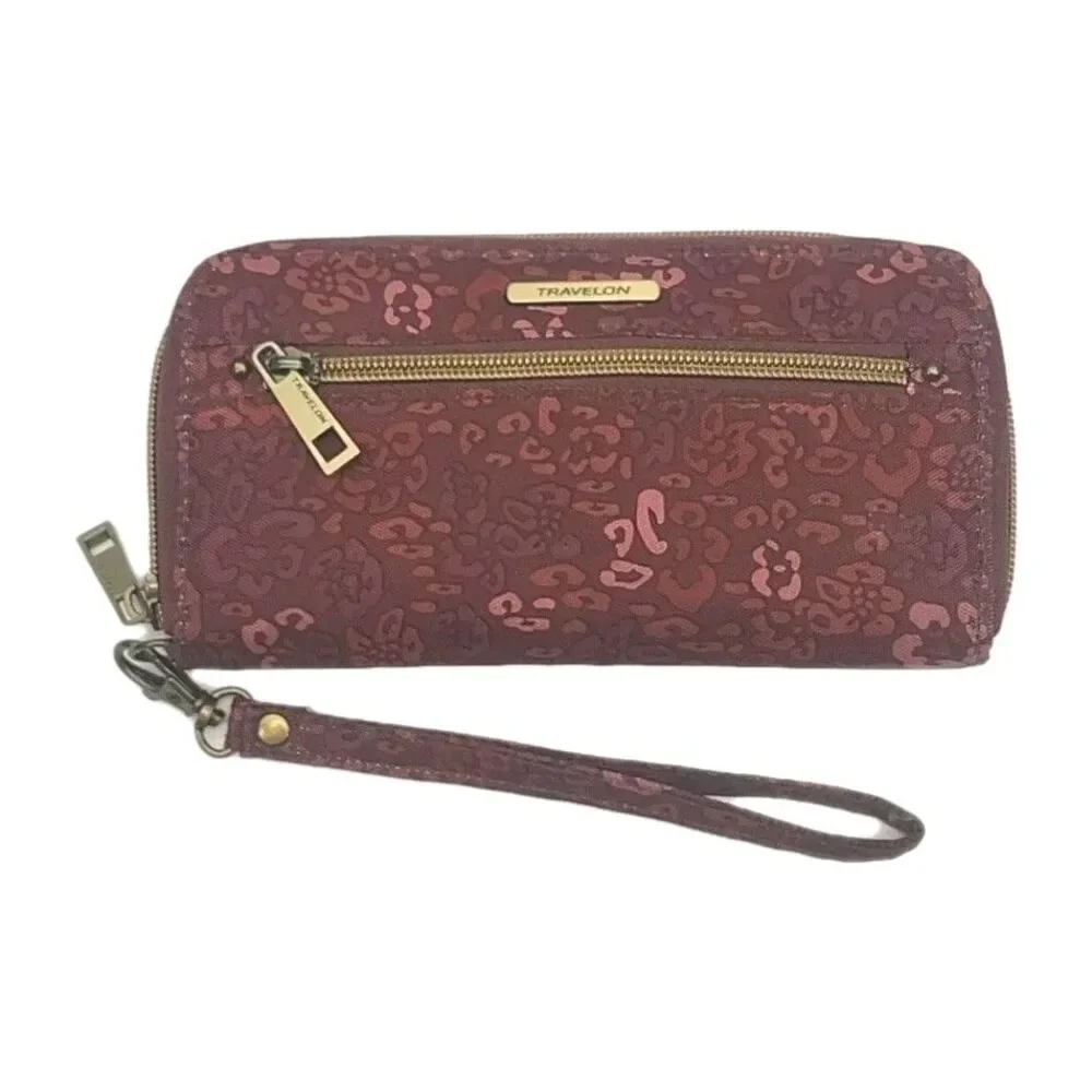 Travelon Wallet Wristlet Burgundy Floral Nylon 7.5