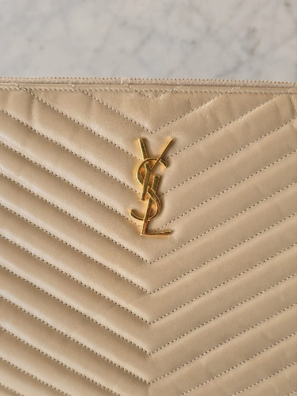 Saint Laurent Beige Quilted Leather Wristlet Clutch
