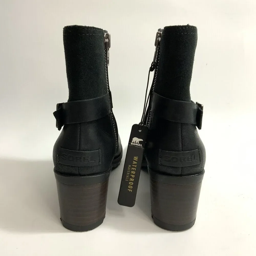 New Sorel Cate Waterproof Leather Boots Harness Buckle Zip Black 7.5