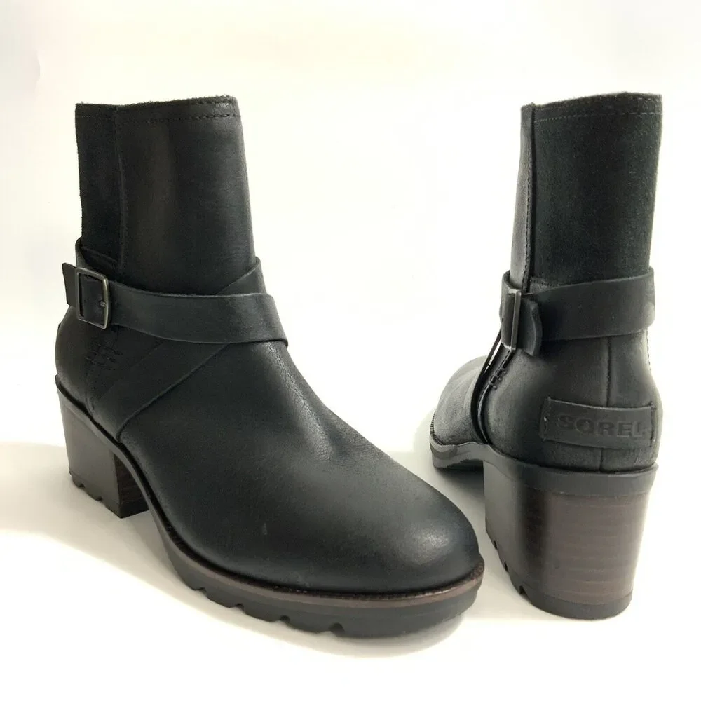 New Sorel Cate Waterproof Leather Boots Harness Buckle Zip Black 7.5