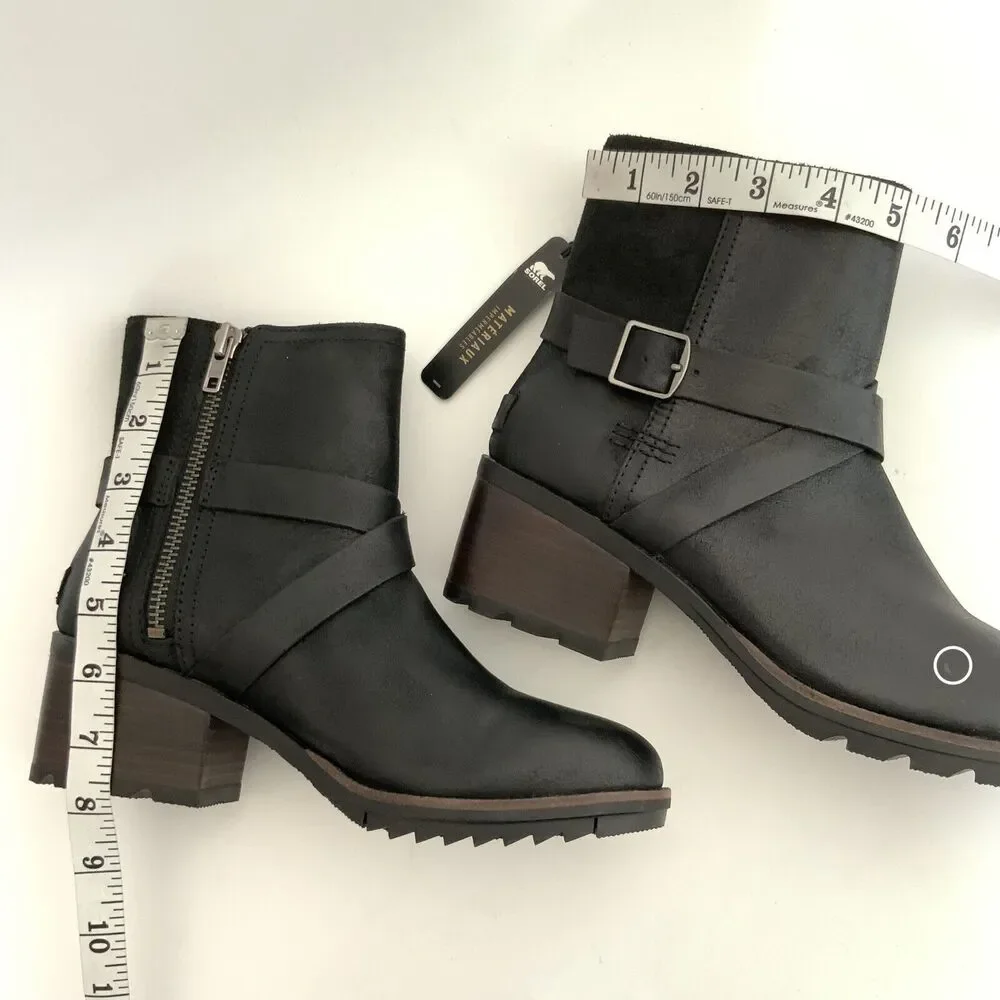 New Sorel Cate Waterproof Leather Boots Harness Buckle Zip Black 7.5