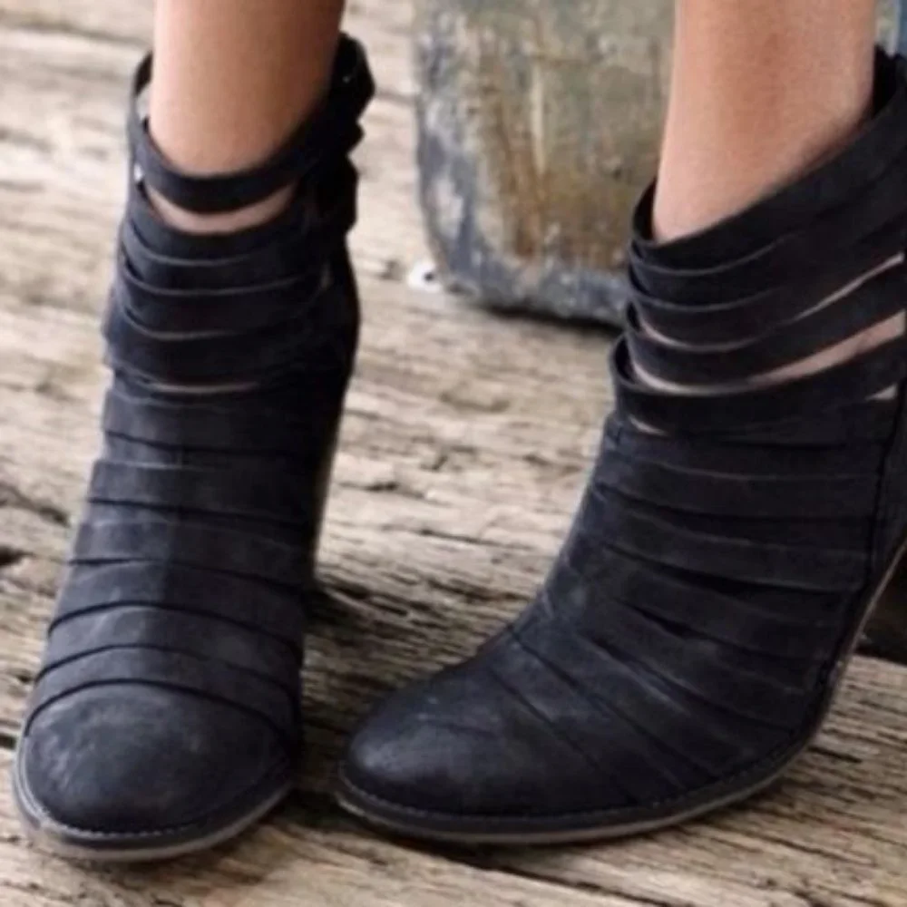 Free People New Boots HYBRID Strappy Suede Leather Booties NIB BLACK Women's 10