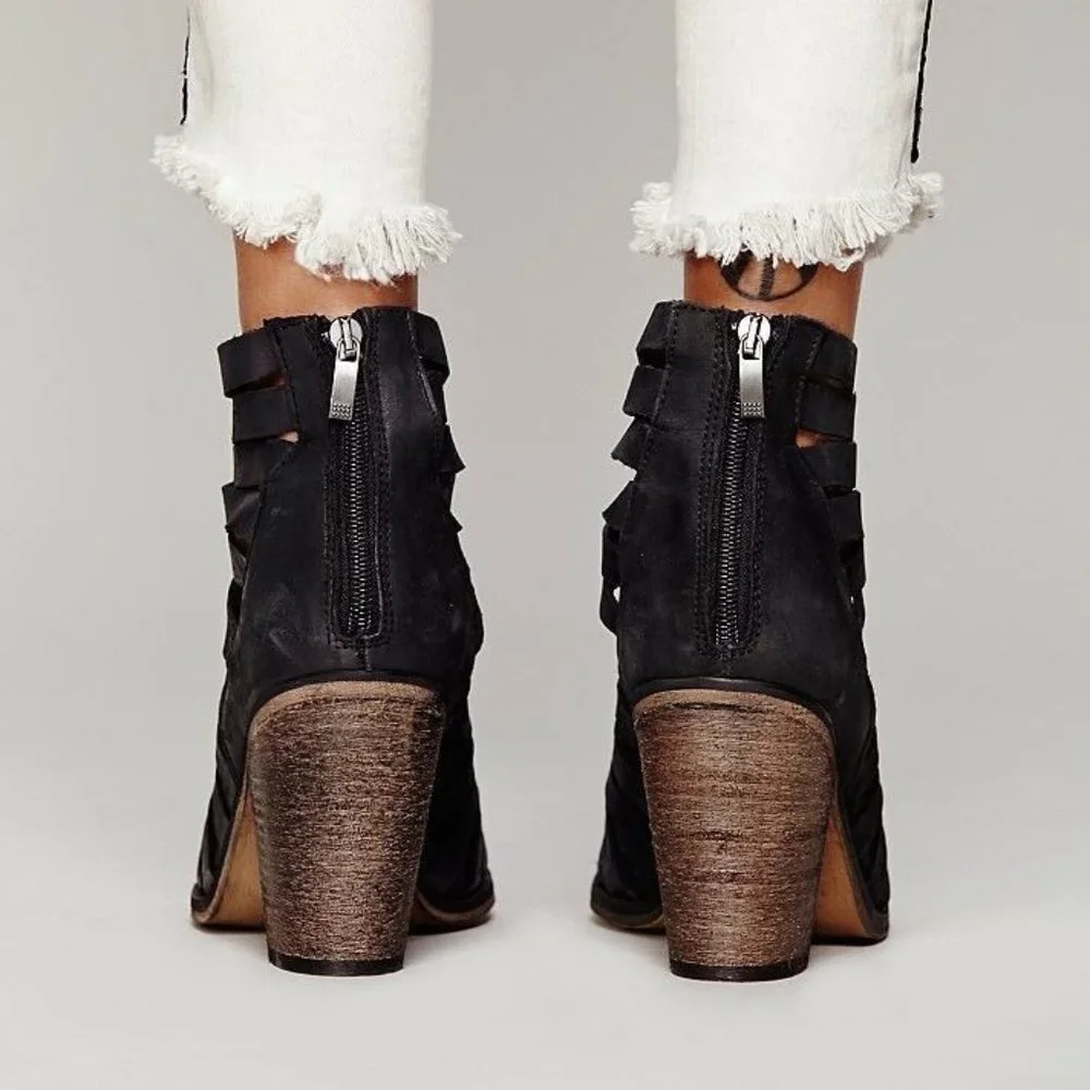 Free People New Boots HYBRID Strappy Suede Leather Booties NIB BLACK Women's 10