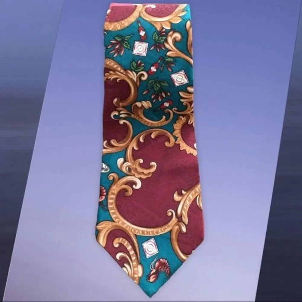 Tabasco Burgundy Teal Gold 100% Silk Tie NWOT