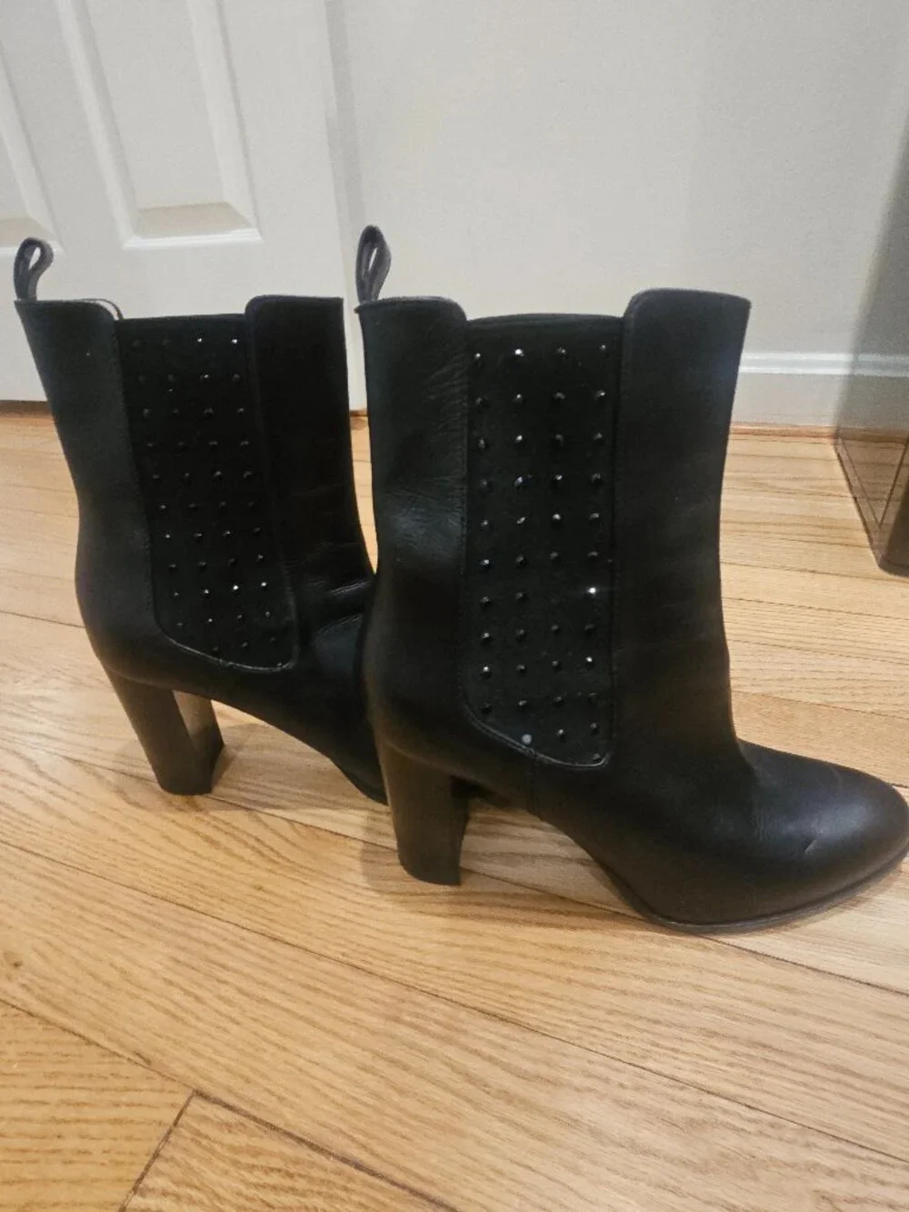 Aqua Italia Black Leather Studded Ankle Boots | Block Heel