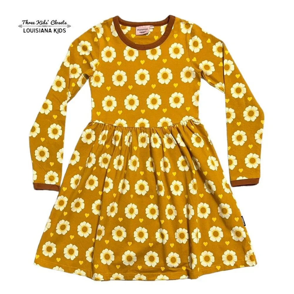 Moromini Sz 128/134 (8-9Y) Organic Mustard Flowers Dress