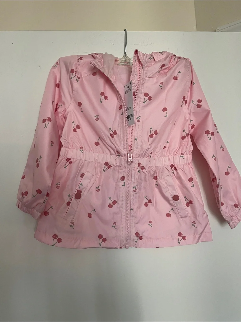 Pink Cherry-Print Hooded Girls' wind breaker jacket/ rain jacket