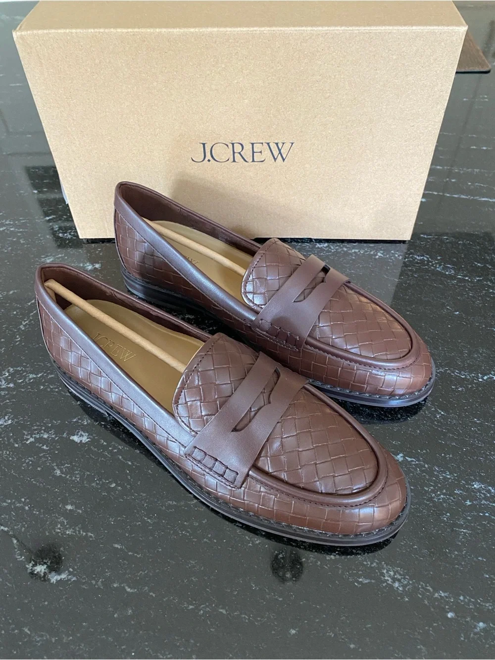 J. Crew Textured Flex Woven Penny Loafers in Roasted Cocoa NWT in Box