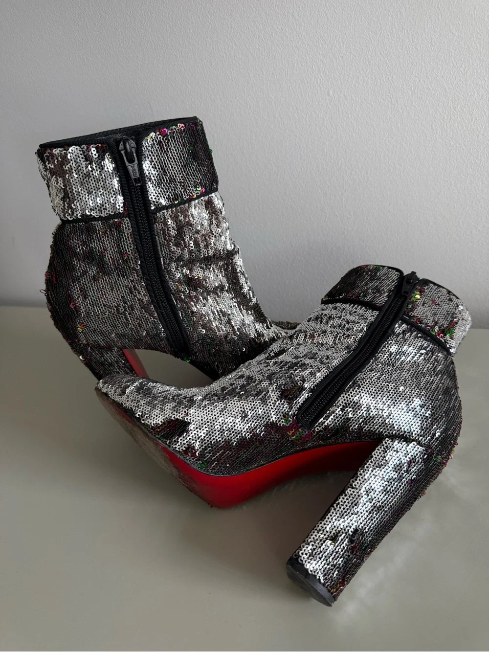 Christian Louboutin Silver Sequin Platform Ankle Boots