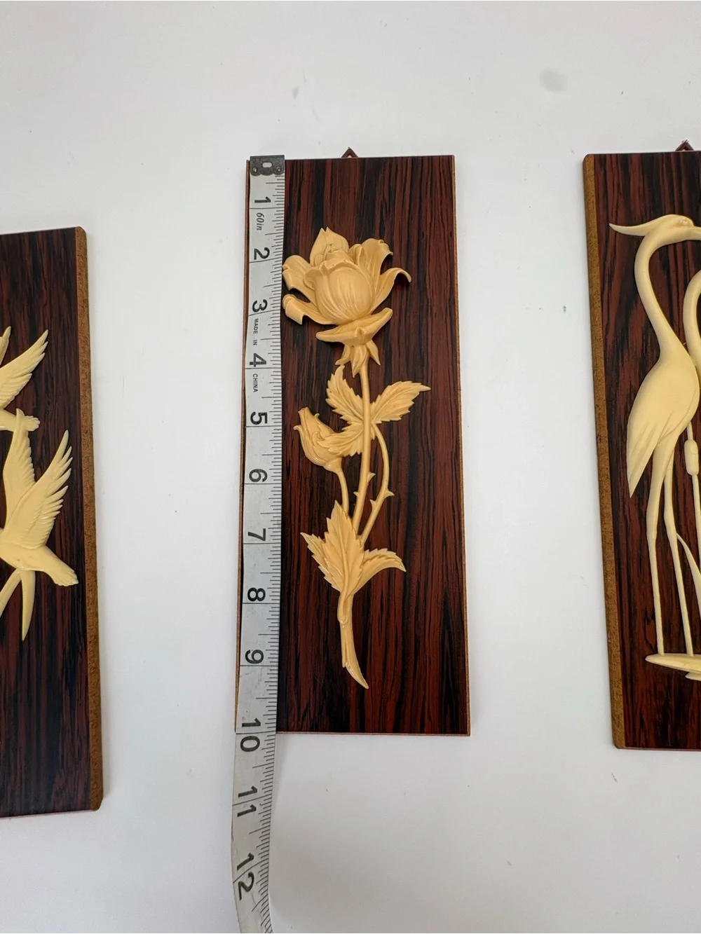 Set of 3 Mid-Century Modern Carved Wall Plaques in Brown and Cream