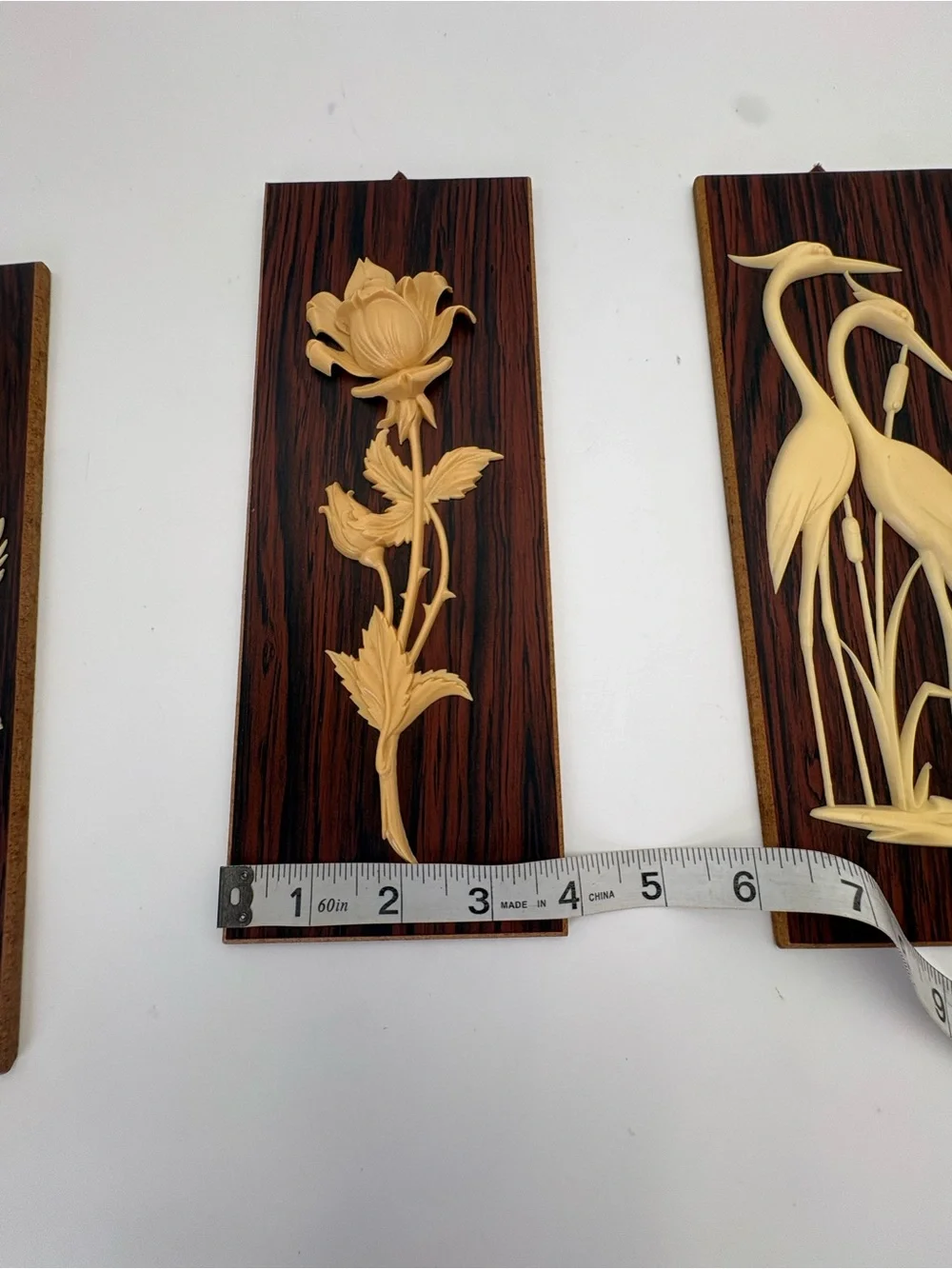 Set of 3 Mid-Century Modern Carved Wall Plaques in Brown and Cream