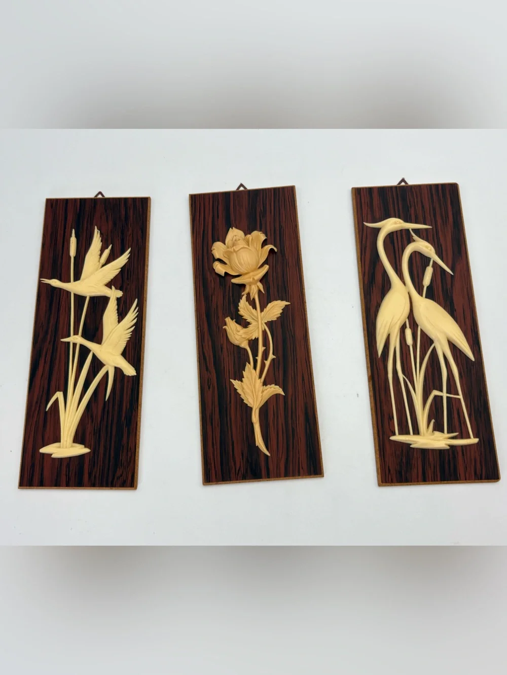 Set of 3 Mid-Century Modern Carved Wall Plaques in Brown and Cream