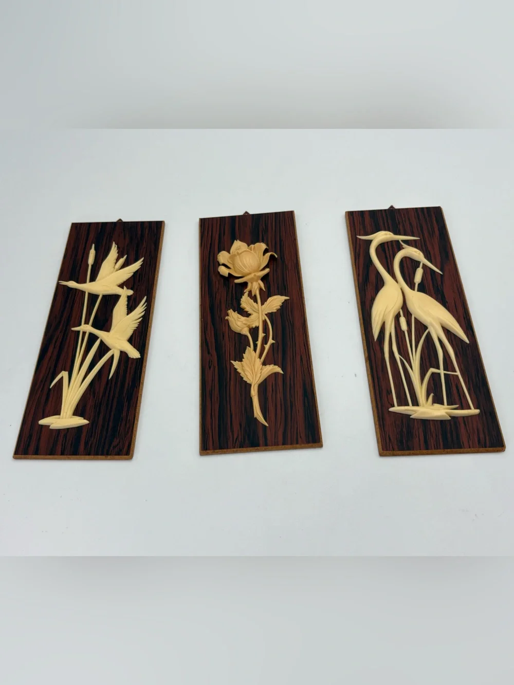 Set of 3 Mid-Century Modern Carved Wall Plaques in Brown and Cream