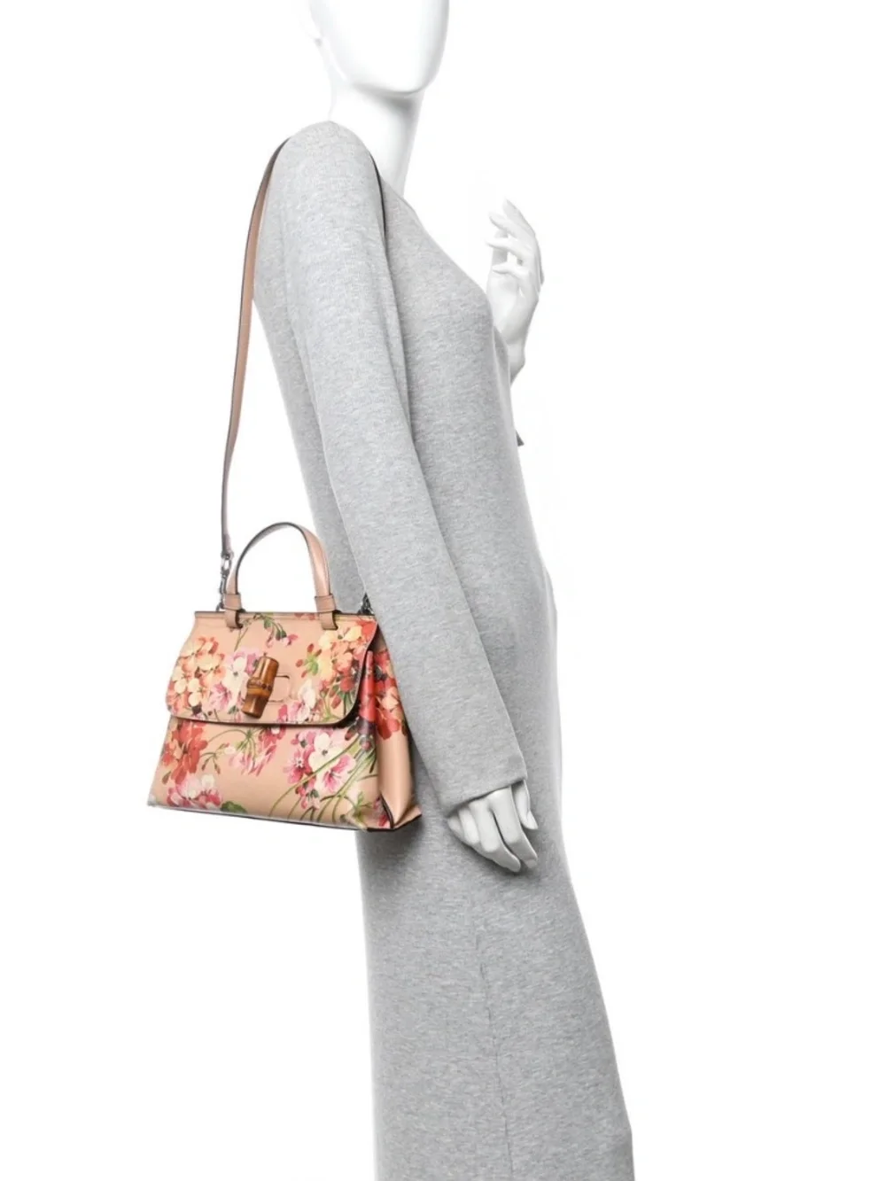 Authentic GUCCI Shangai Calfskin Blooms Print Small Bamboo Daily Top Handle Bag