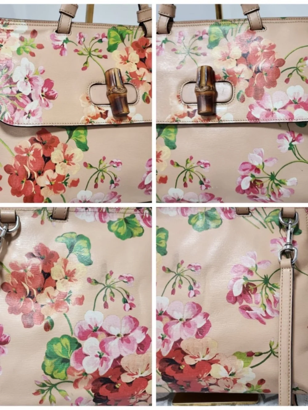 Authentic GUCCI Shangai Calfskin Blooms Print Small Bamboo Daily Top Handle Bag