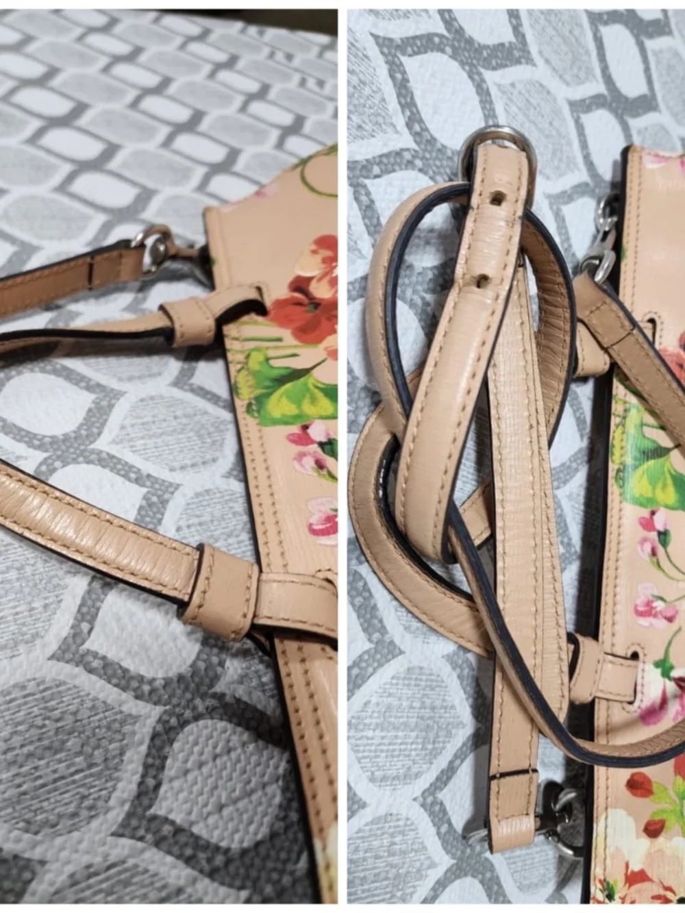 Authentic GUCCI Shangai Calfskin Blooms Print Small Bamboo Daily Top Handle Bag