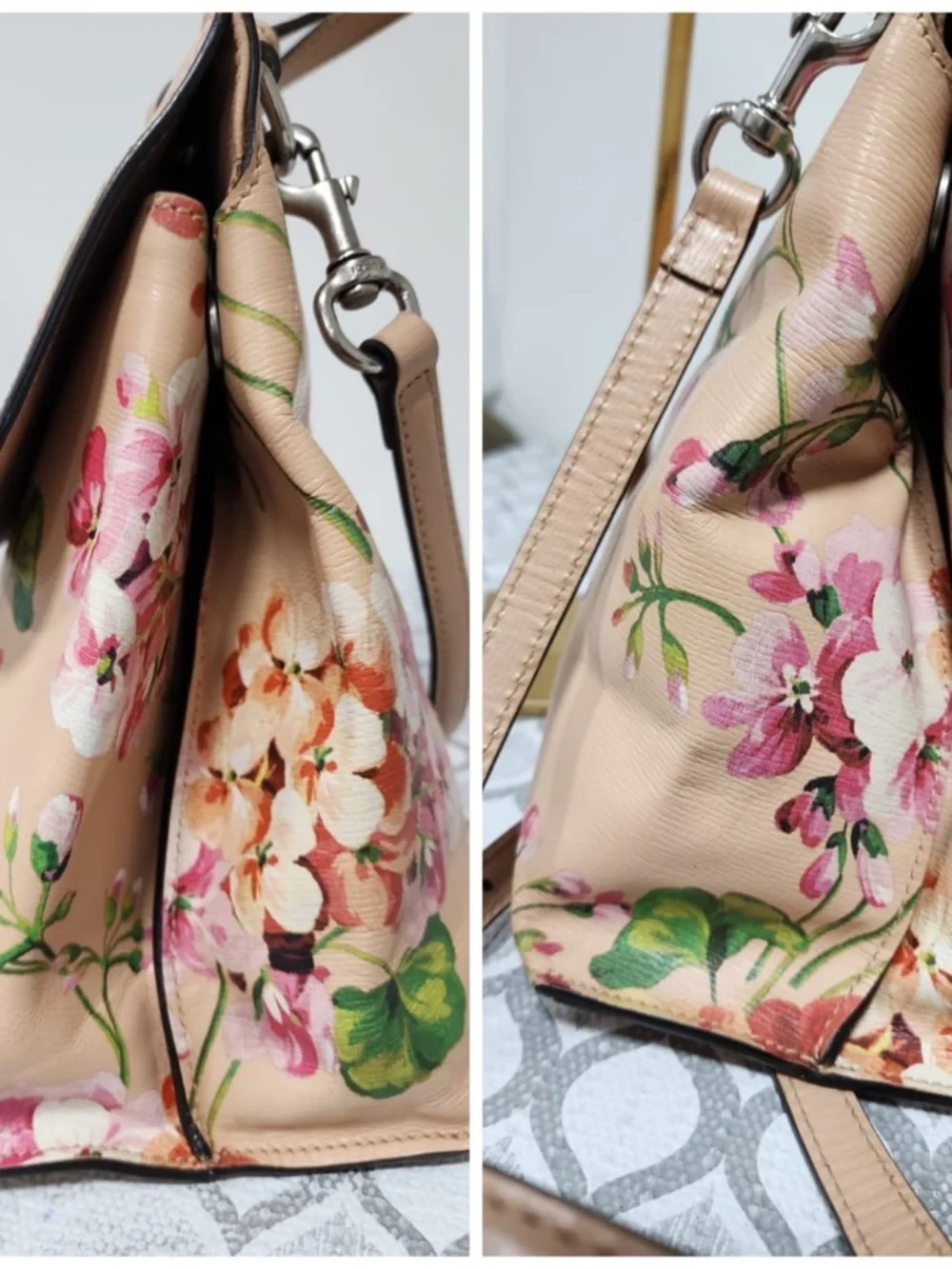 Authentic GUCCI Shangai Calfskin Blooms Print Small Bamboo Daily Top Handle Bag