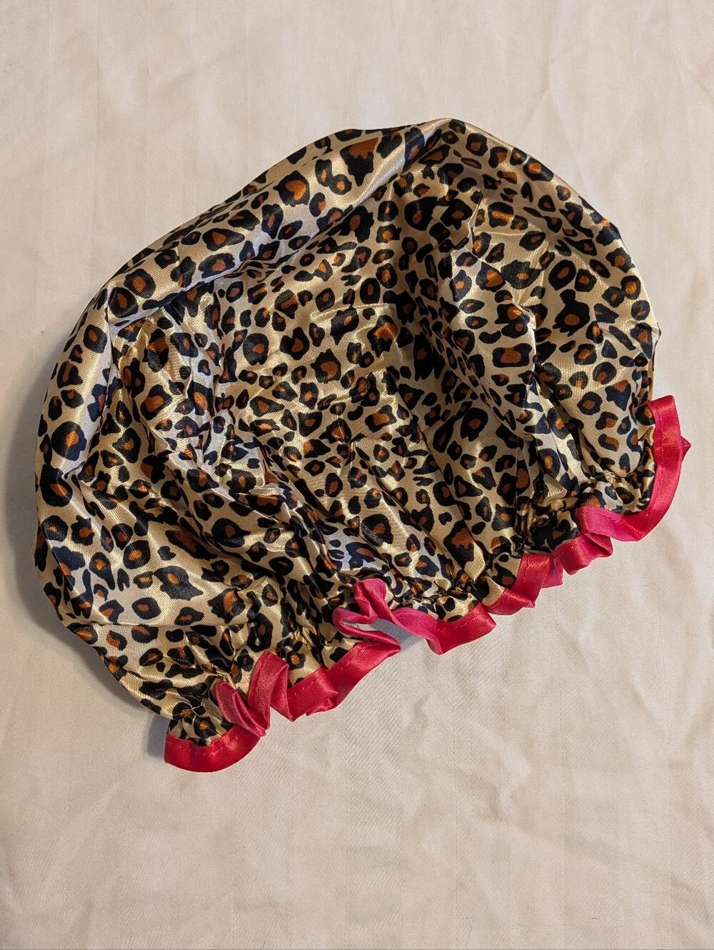 Leopard Print Shower Cap with Hot Pink Trim