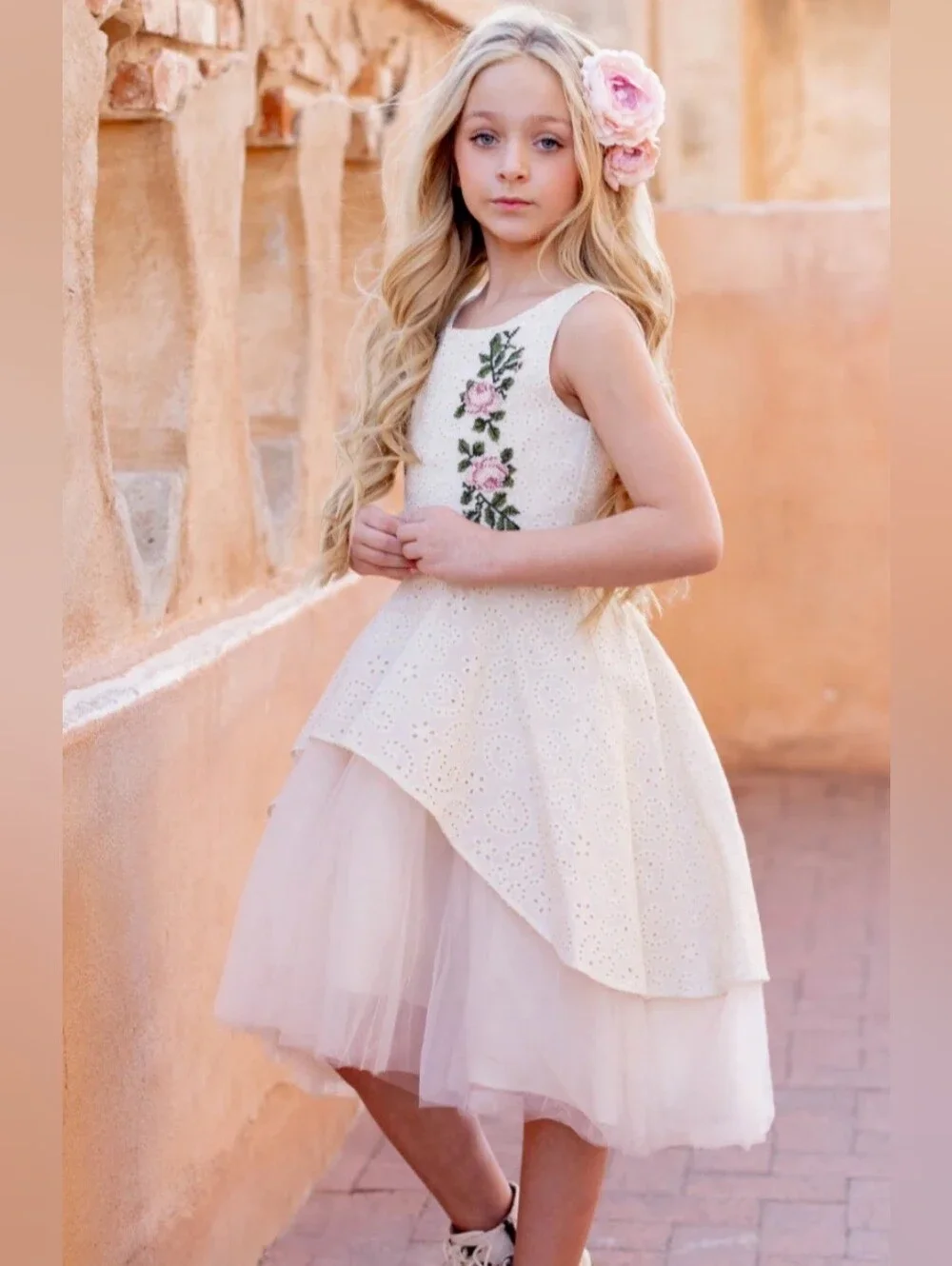 Joyfolie Amberlyn Ivory & Blush Floral Embroidered Toddler Girls' Party Dress 3T