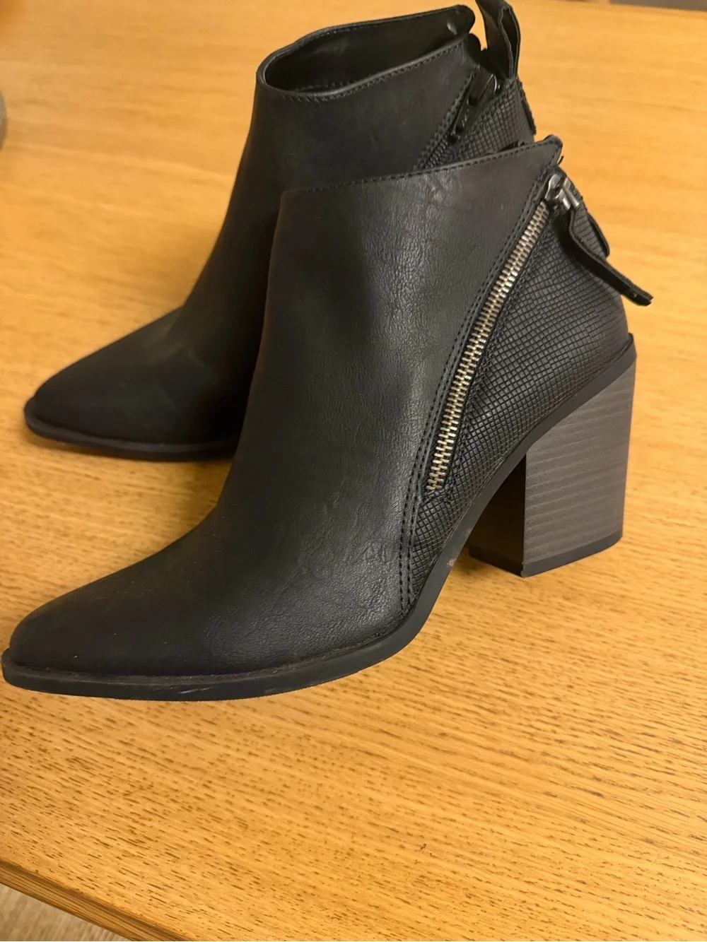 Black Faux Leather Block Heel Ankle Boots