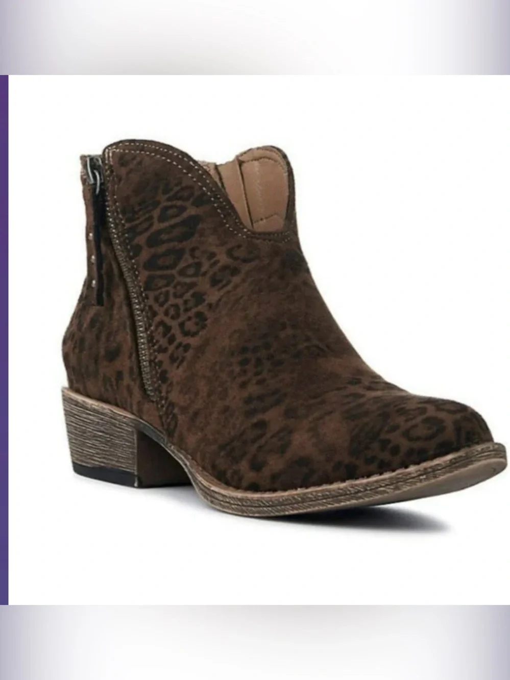 Very G Divine Leopard Print Brown Suede Ankle Bootie Side Zip Sz 9 fall western