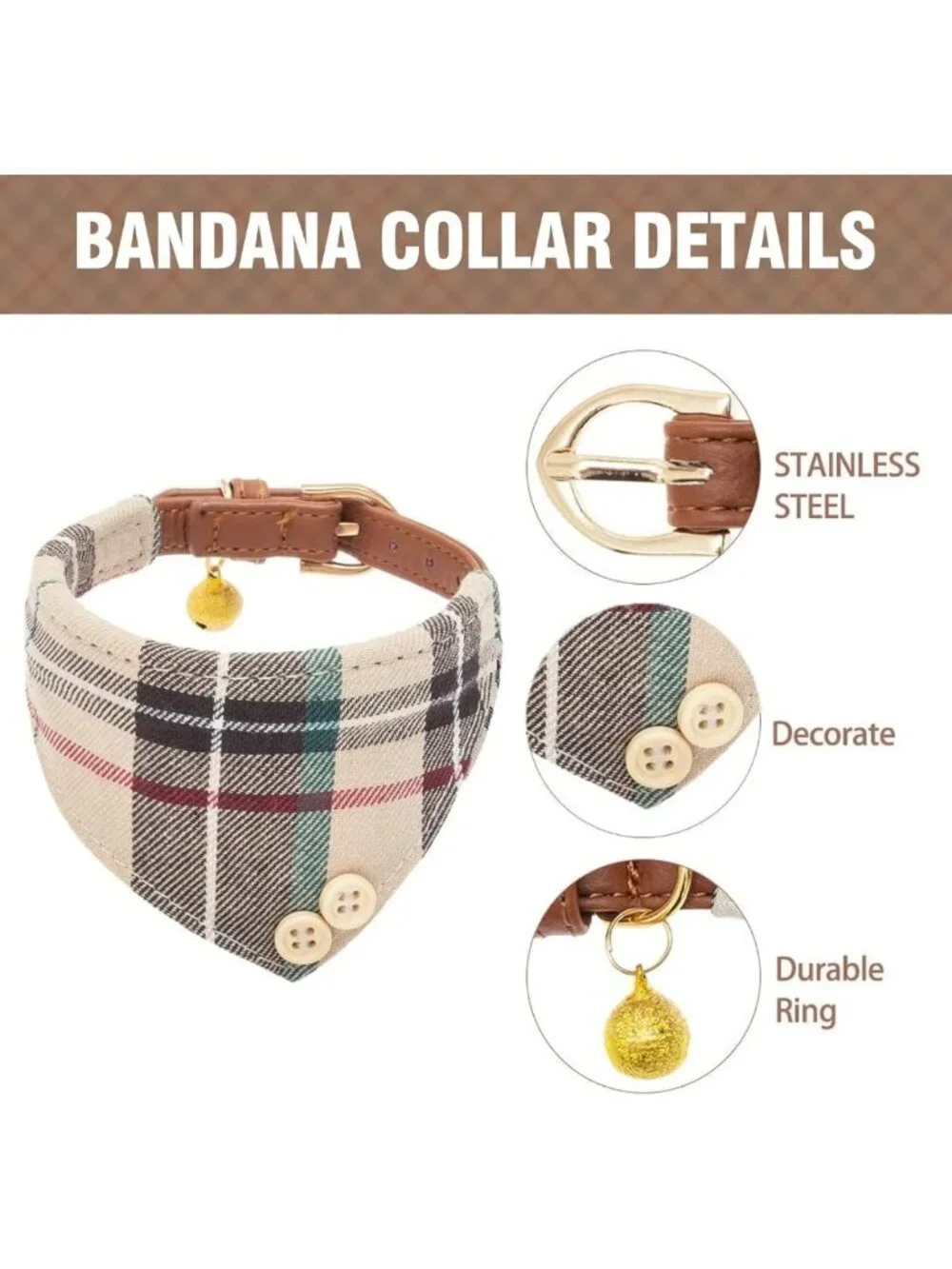 Cute Small Dog Collar & Leash Set with Bowtie, Bells & Plaid Bandana - Soft