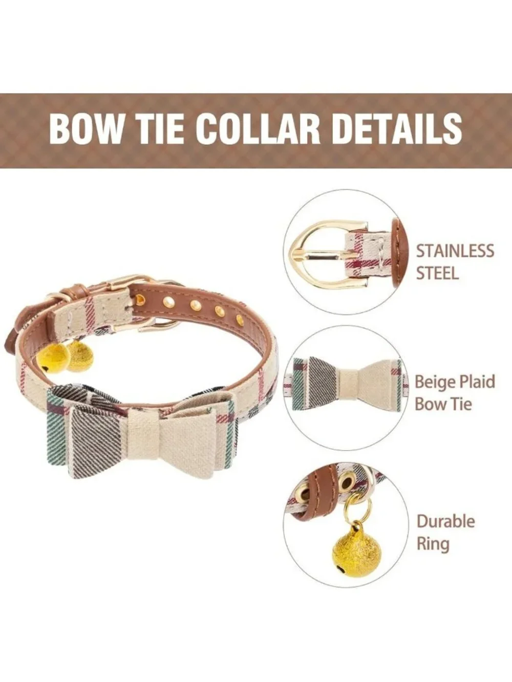 Cute Small Dog Collar & Leash Set with Bowtie, Bells & Plaid Bandana - Soft