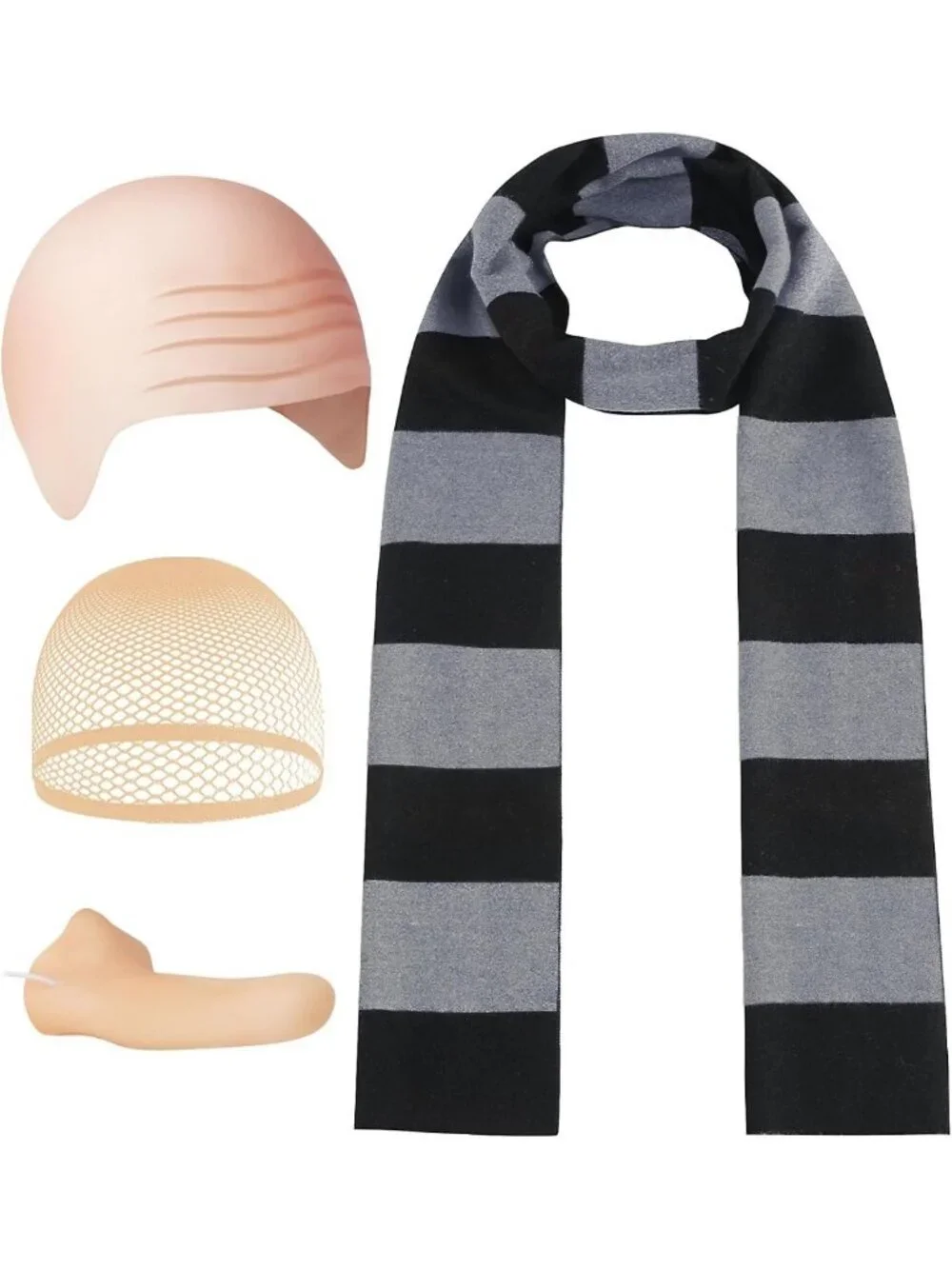 4 Pcs Halloween Costume Accessories Set - Striped Scarf, Fake Nose, Bald Cap