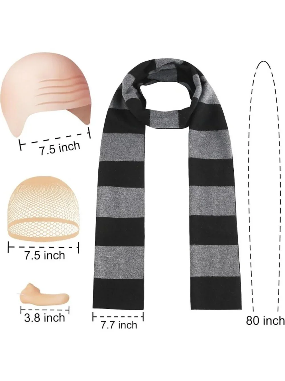 4 Pcs Halloween Costume Accessories Set - Striped Scarf, Fake Nose, Bald Cap