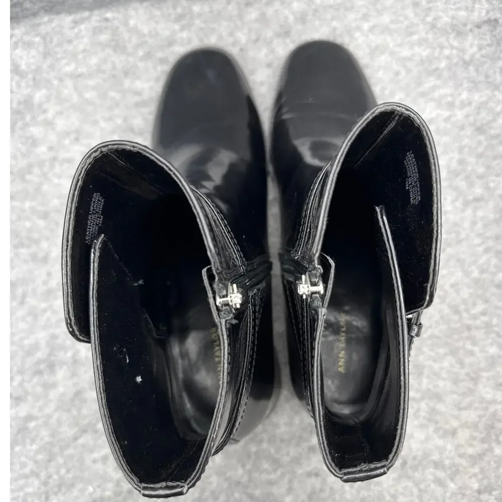 Ann Taylor Black Patent Leather Side Zip Wraparound Buckle Ankle Boot Women 10