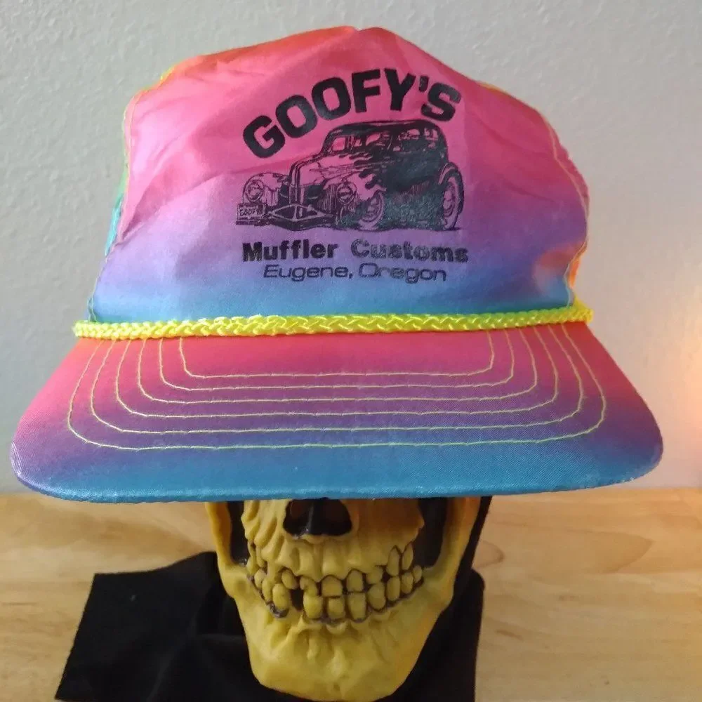 Vintage Goofy's Muffler Customs Neon Rainbow Rope Slider Back Hat