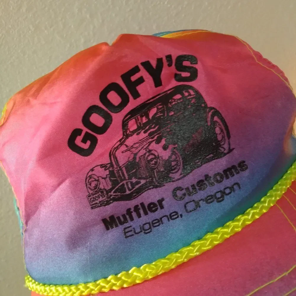 Vintage Goofy's Muffler Customs Neon Rainbow Rope Slider Back Hat