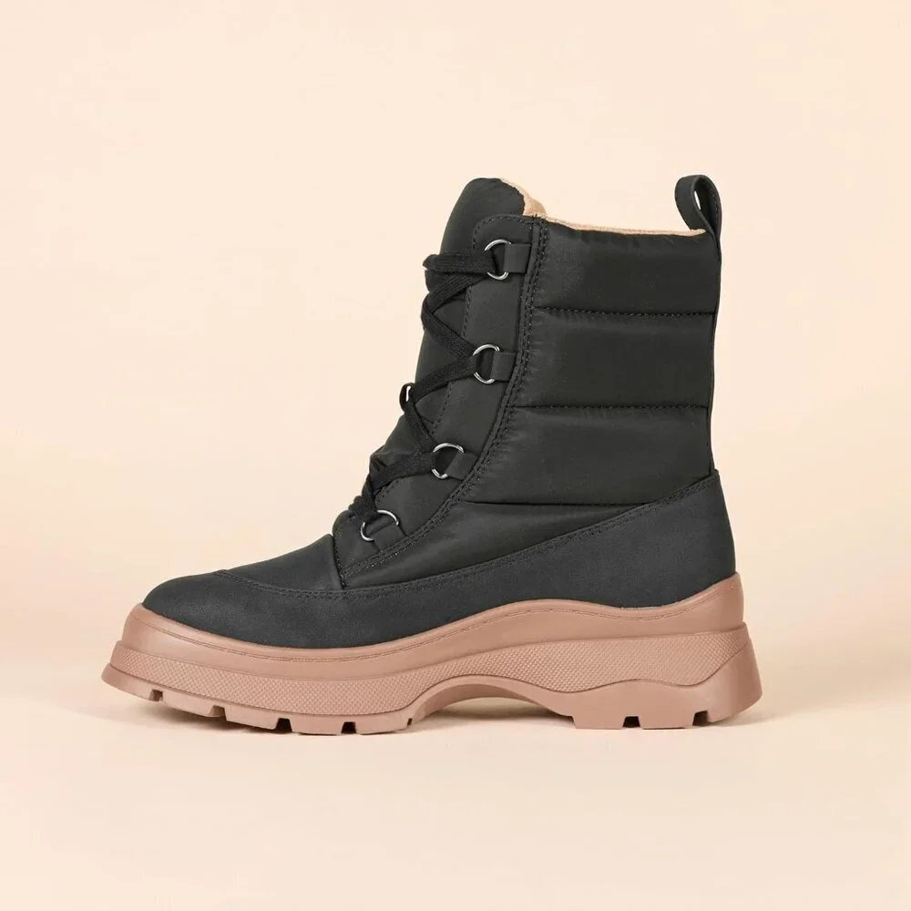 Women's Black Lace Up Imported Chunky Sole Puffer Snow Boots