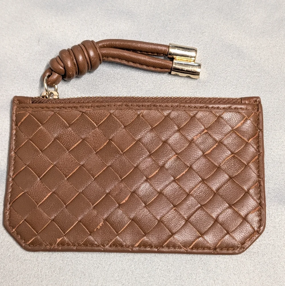 Woven Leather Card Wallet in Brown