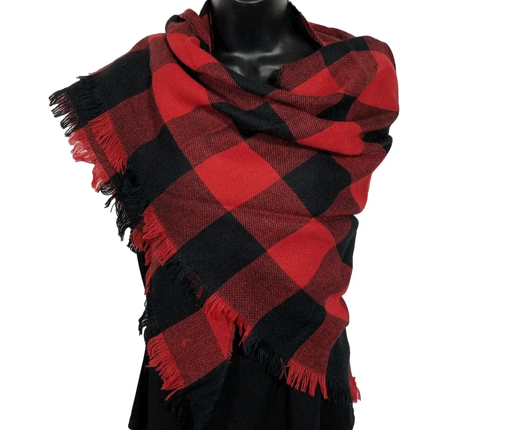 Vintage Buffalo Plaid Scarf Triangle, Red and Black Large Fringed, 70