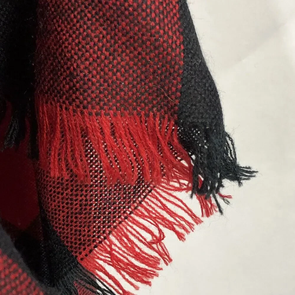 Vintage Buffalo Plaid Scarf Triangle, Red and Black Large Fringed, 70